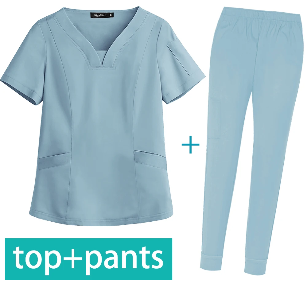 Women Men Medical Uniform Scrub Sets V Neck Top Pants Soft Lightweight Pocket Nursing Slim Suit Short Sleeve Nurse New | Тематическая