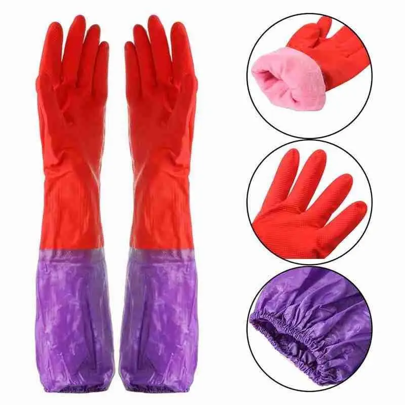 

1pair Long Rubber Velvet Household Gloves Dishwashing Warm Thicken Kitchen Scrubber Waterproof Clean Tool Gloves Antiskid R G7g0