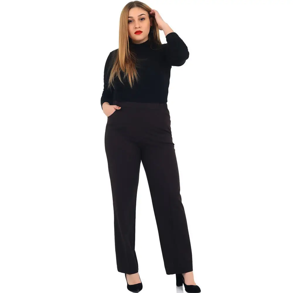 Fvido women large size trousers CcHisar fabric high elastic waist flat leg pocket black brown navy blue mink