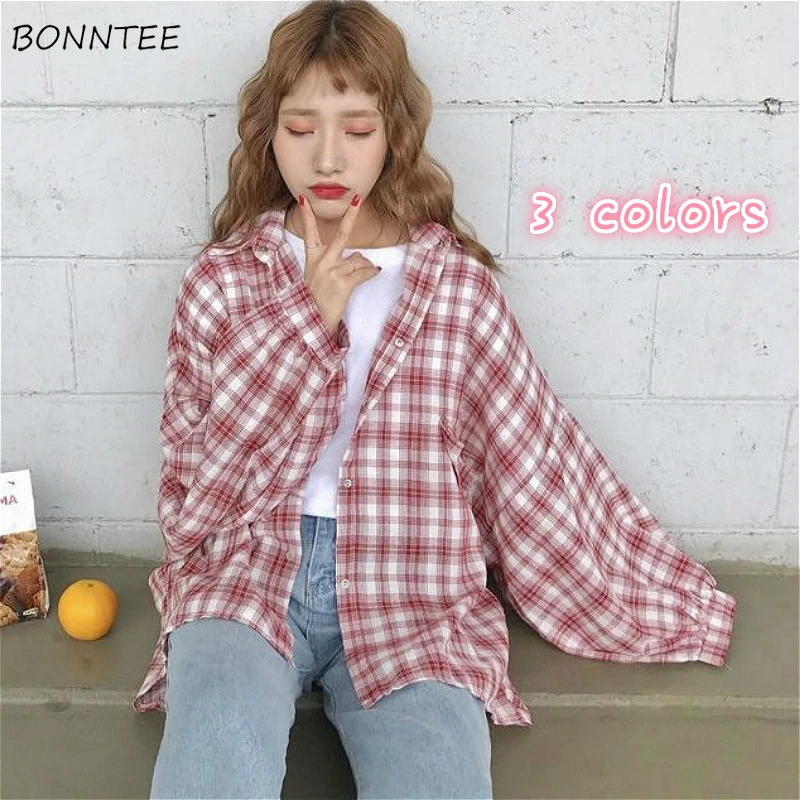 

Blouses Women Harajuku Tender Chic Batwing-sleeve Korean Plaid Summer Femme Sun-proof Shirts All-match Preppy Girl Street Top
