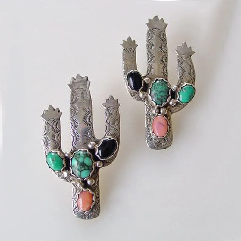 

Vintage Cactus Stud Earrings Tibetan Ethnic Jewelry Thai Silver Color Flower Circle Metal Beads Stone Earring