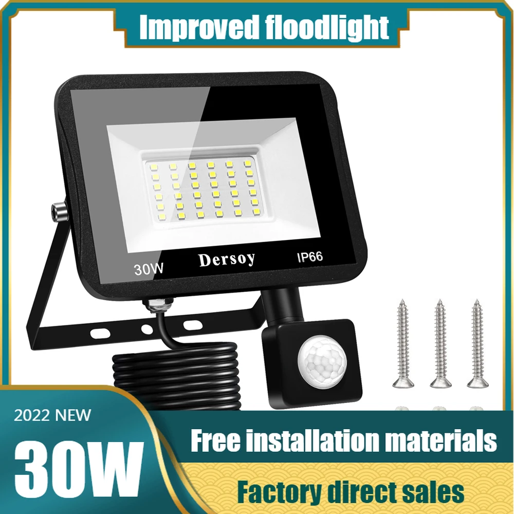 

30W Led Floodlight Pir Motion Sensor Spotlight Outdoor IP66 Light 220 V Improved Projector Detector Long Wire Bright Lamp 220v