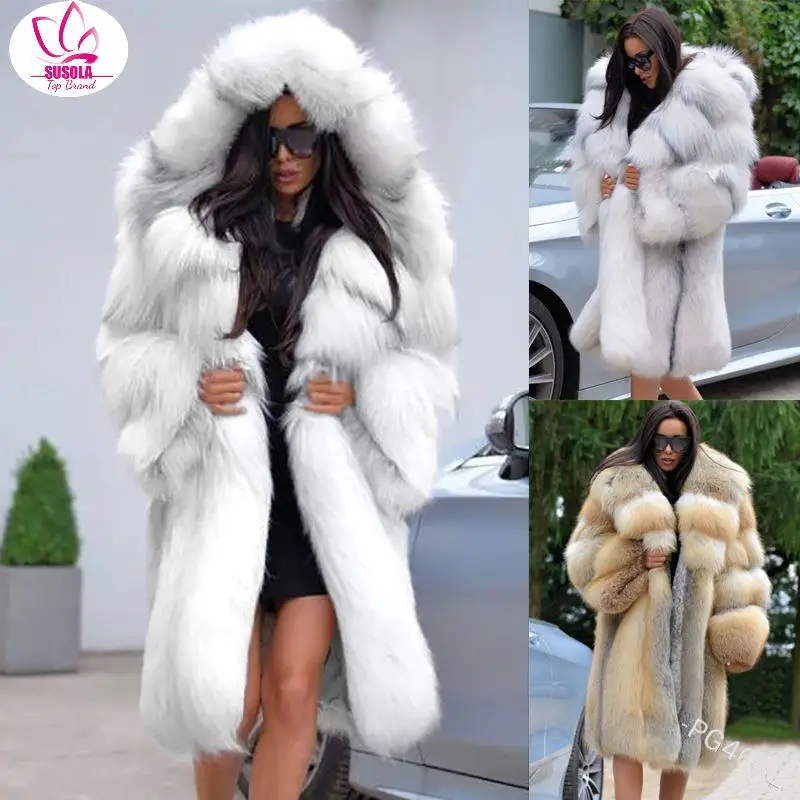 

Winter Thick Warm Faux Fur Coat Women Hooded Long Sleeve Faux Fur Jacket Luxury Winter Fur Jackets