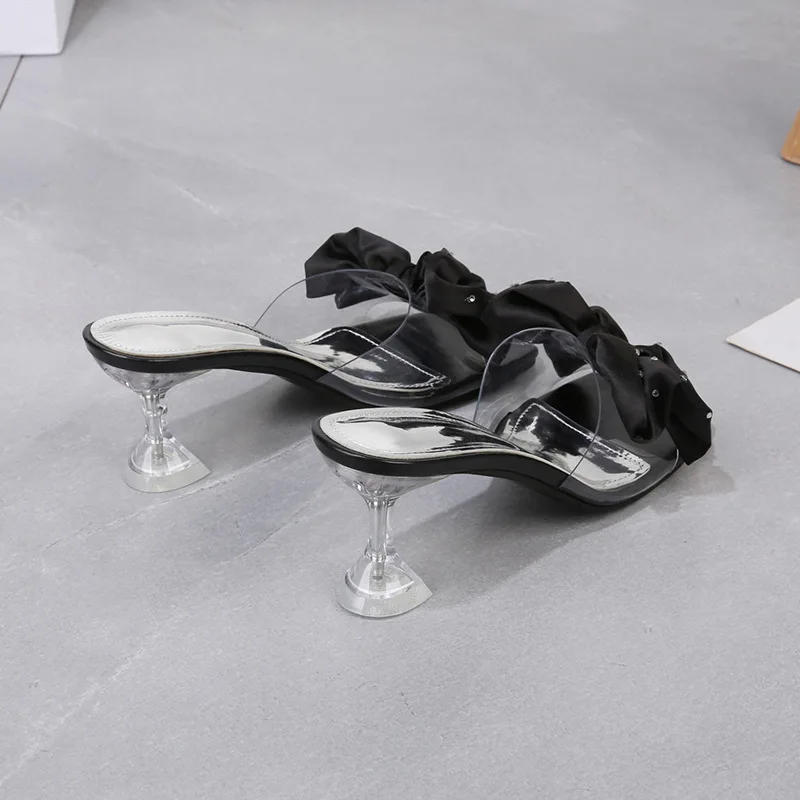 Summer 2022 New Crystal High Heels Women Slippers Slides for Women Fashion Fine-heeled Open-toed Big Flowers Slippers Woman