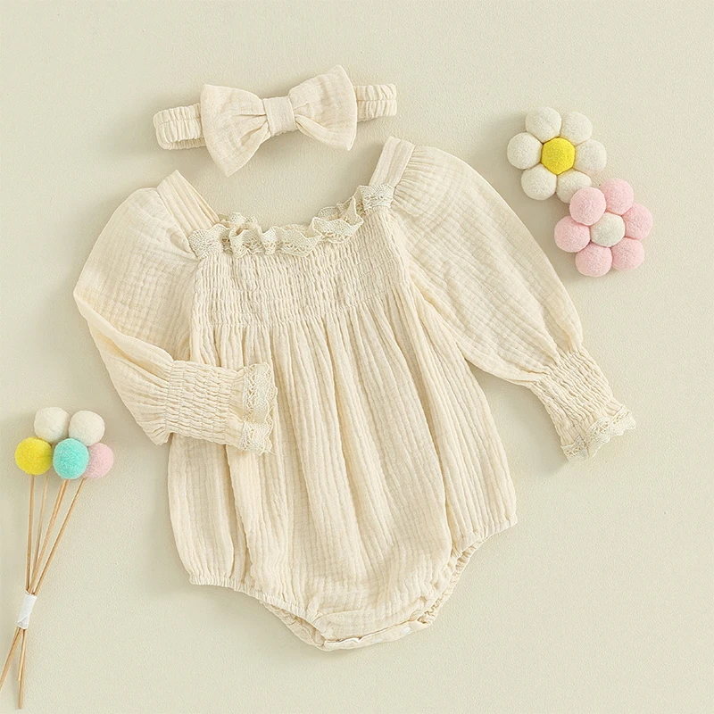 

Baby Girl Long Sleeve Rompers Infant Lace Trim Solid Color Square Neck Bodysuit with Headband Newborn Jumpsuits