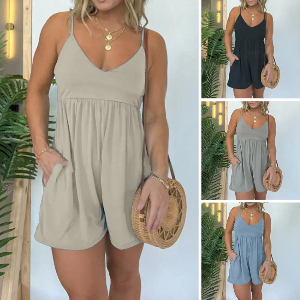 Женский свободный комбинезон стильный летний однотонный с глубоким V-образным