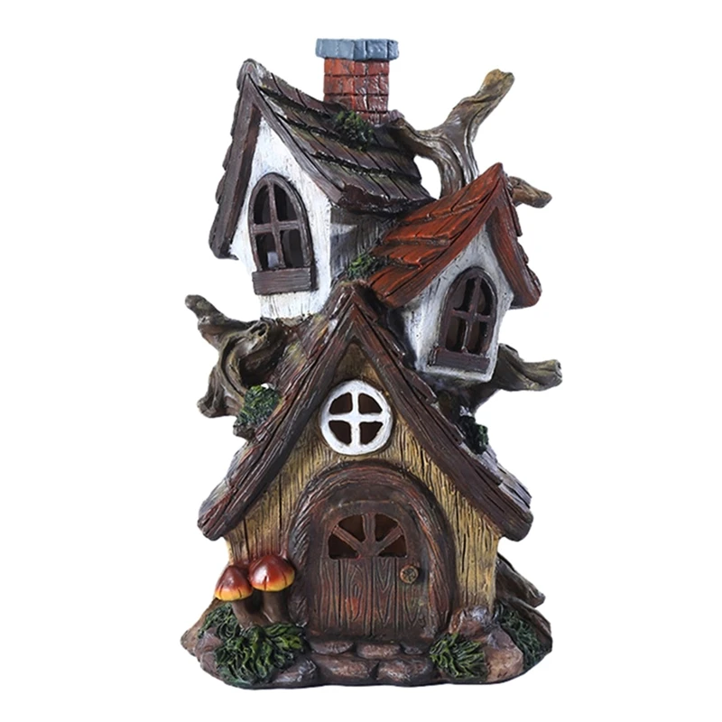 Mini Fairy House Statue Double Layer Resin Figurine Crafts Decor for Indoor Outdoor Garden Yard Decoration Housewarming Gift