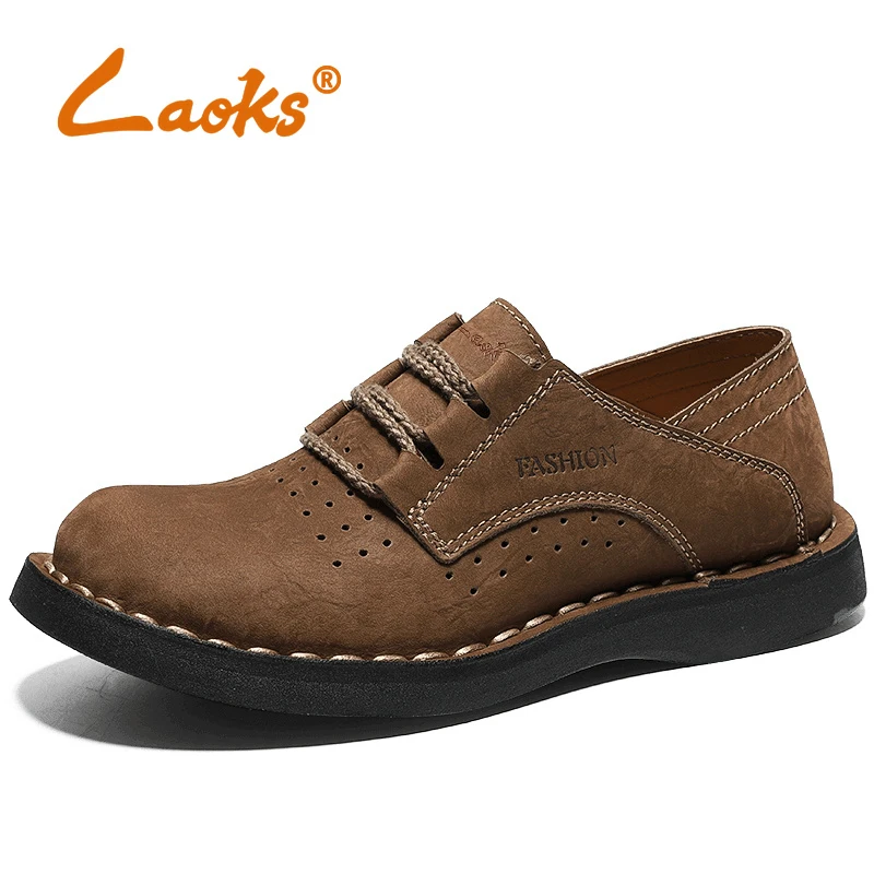 Laoks casual leather shoes Cowhide wide feet round toes breathable comfortable men's leather shoes Lace up handmade