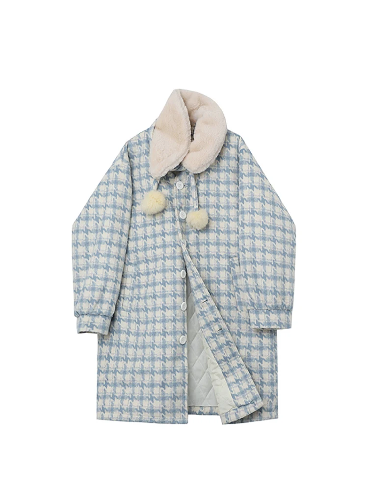 

Autumn Winter Korean Plaid Retro Single Breasted Woolen Coat Women Fashion Outerwear Female Loose Medium And Long Cotton Padded