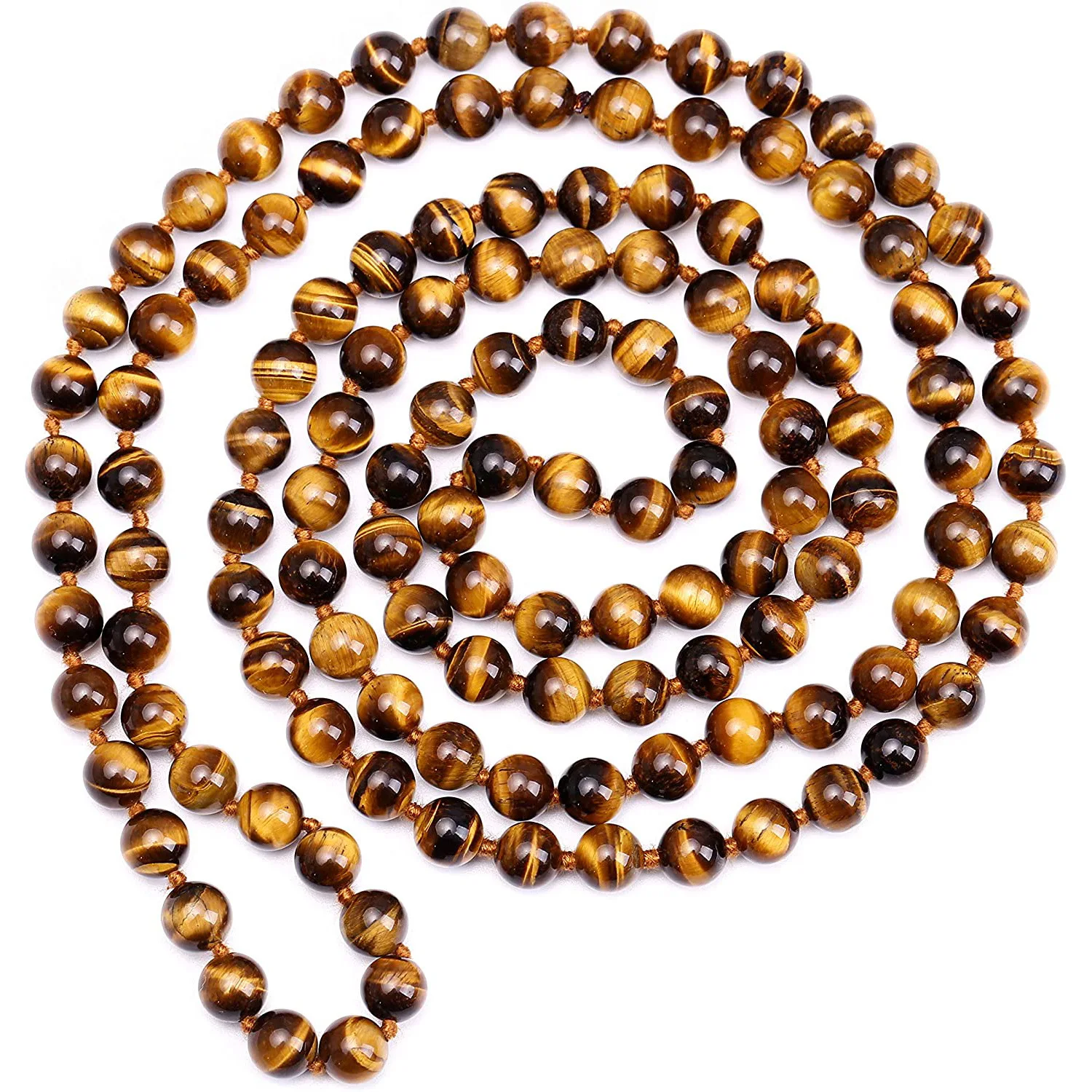 

8 10mm round yellow natural tiger eye stone knotted necklace double-layer long neck wear Unisex fashion jewelry making design