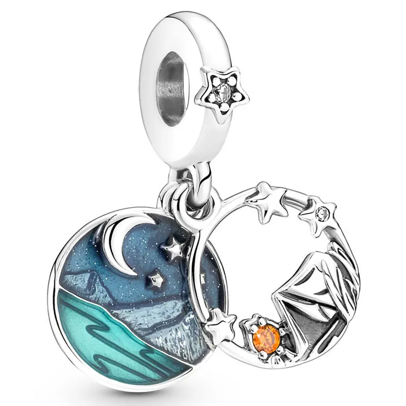 Autentico 925 Sterling Silver Moments Camping Night Sky Double Ciondola Charm Bead Fit Pandora Bracciale E Collana Gioielli