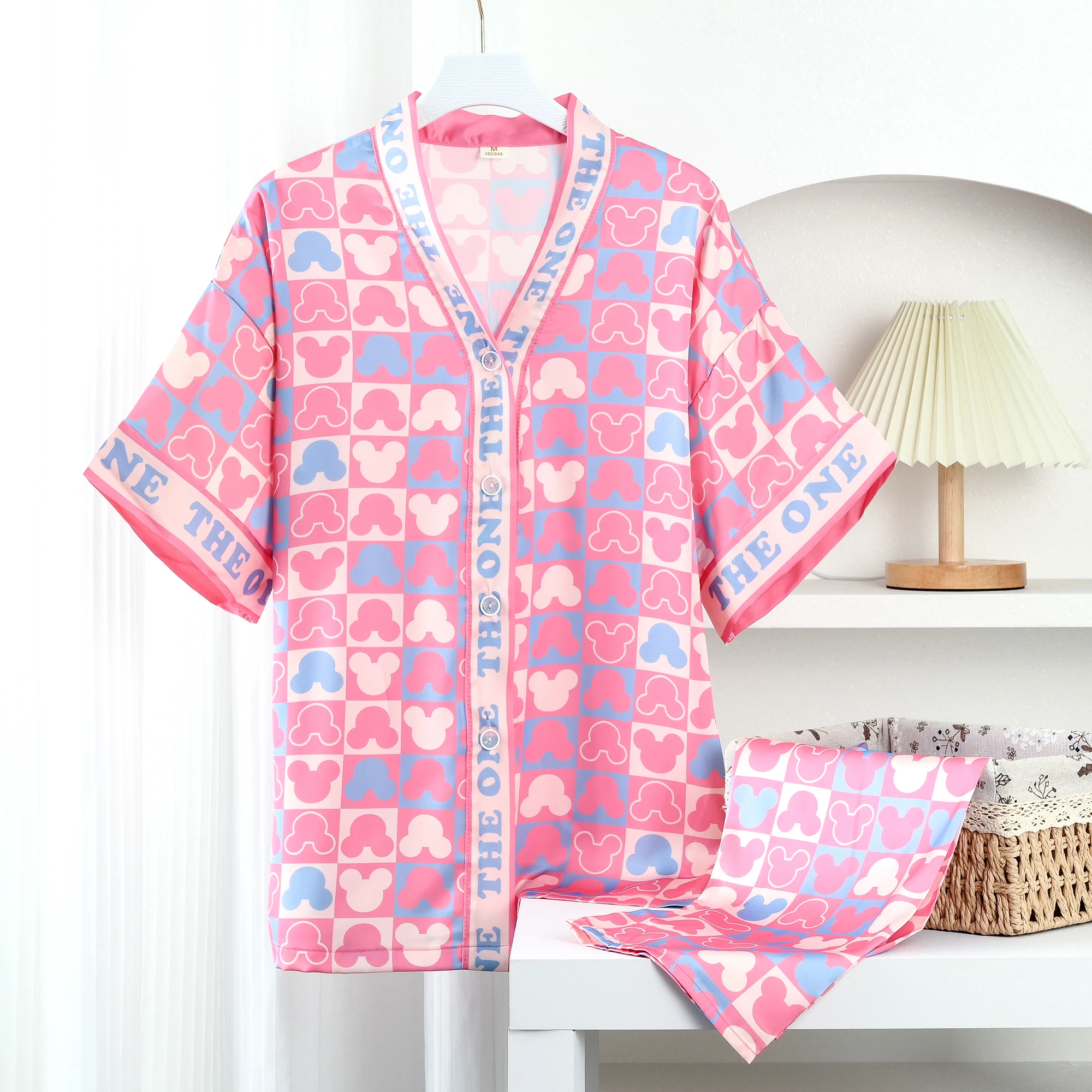 

Disney Mickey Mouse Cardigan Summer Pajamas Set Home Wear Ice Silk Thin Two Pieces Pajamas Women Sweet Cartoon Pajamas Set