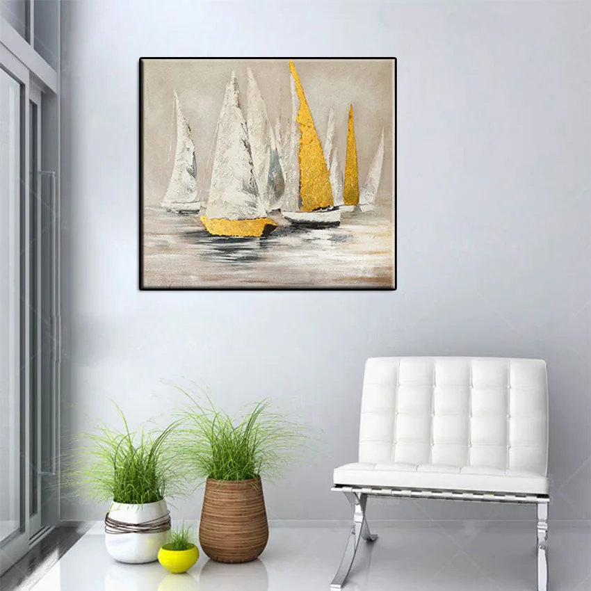 

Hand Painted Abstract White And Yellow Sailboat Oil Painting Wall Art Picture On Canvas For Living Room Home Decor No Framed