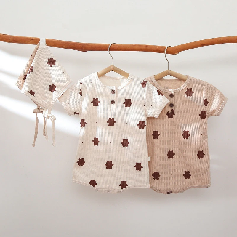 

2022 Baby Boy Girl Summer Western Style Romper Waffle Print Cotton Thin Short Sleevs Jumpsuit Boys Girl Outfits + Hat