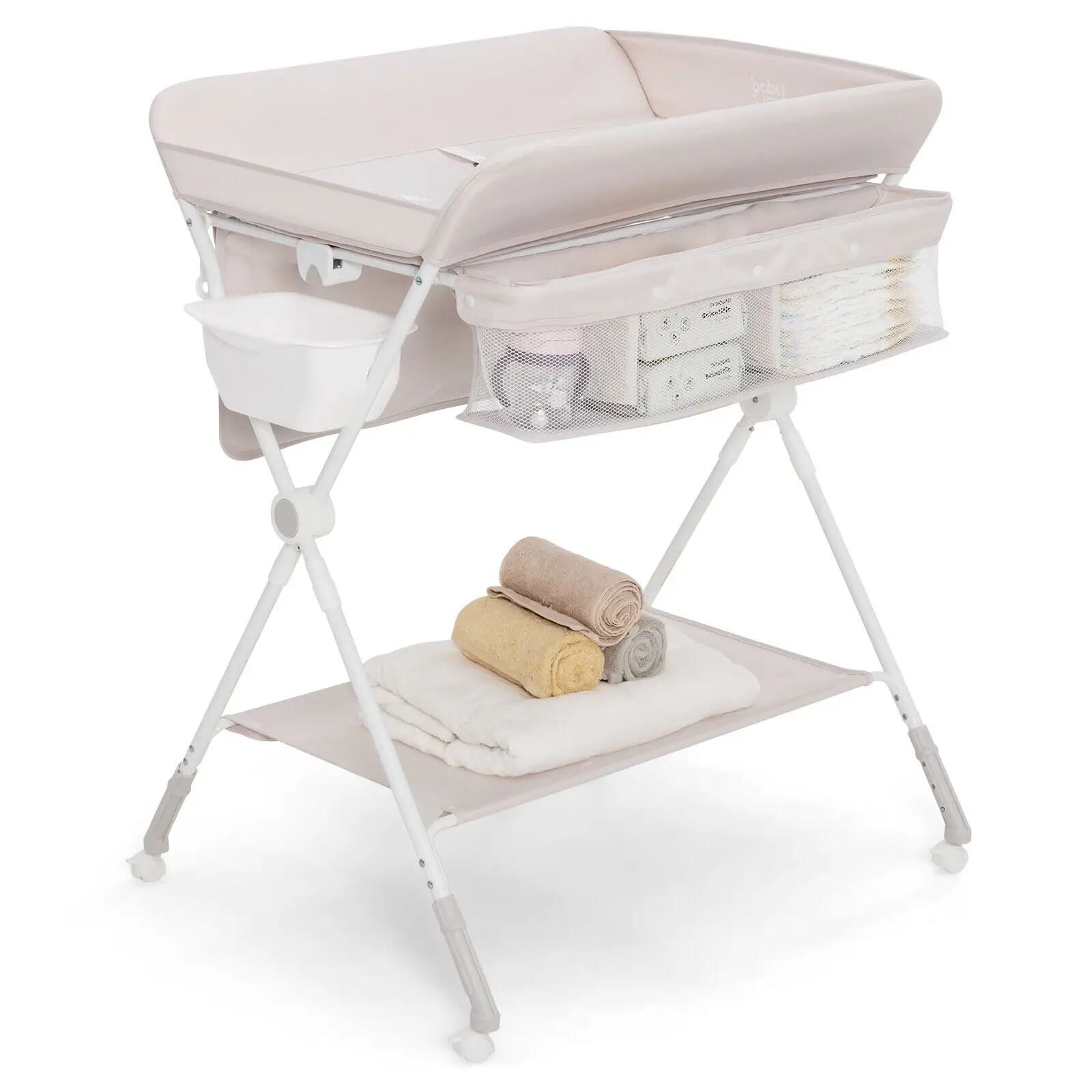 Babyjoy Foldable Baby Diaper Changing Table Mobile Nursery Organizer for Newborn Beige