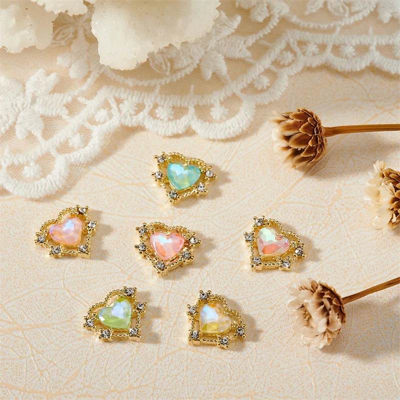 

10pcs Zircon Heart Angel Metal Nail Art Decoration Valentine's Day Luxury Diamond Heart Alloy Gems Nail Charms DIY Nail Supplies