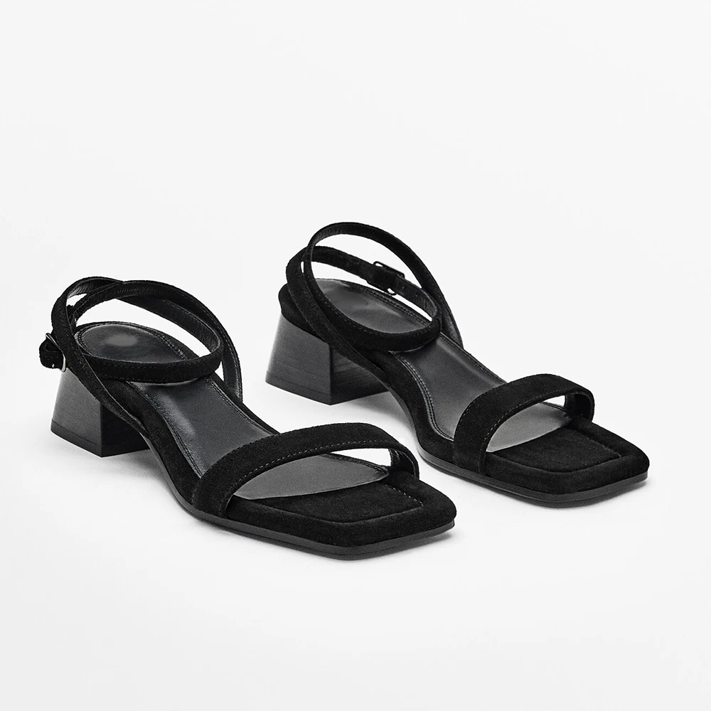 

MOOQDAAX 2022 Spring Summer New High-heeled Platform Sandals Suede Genuine Leather Black Square Head Retro Simple Women's Shoes