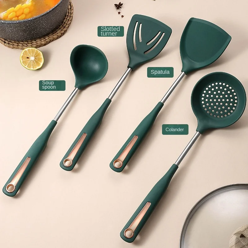 

Stainless Steel Silicone 4pcs Cookware Kitchen Long Handle Stir-Fry Spatula Soup Spoon Hot Pot Leak Spoon Silicone Spatula Spoon