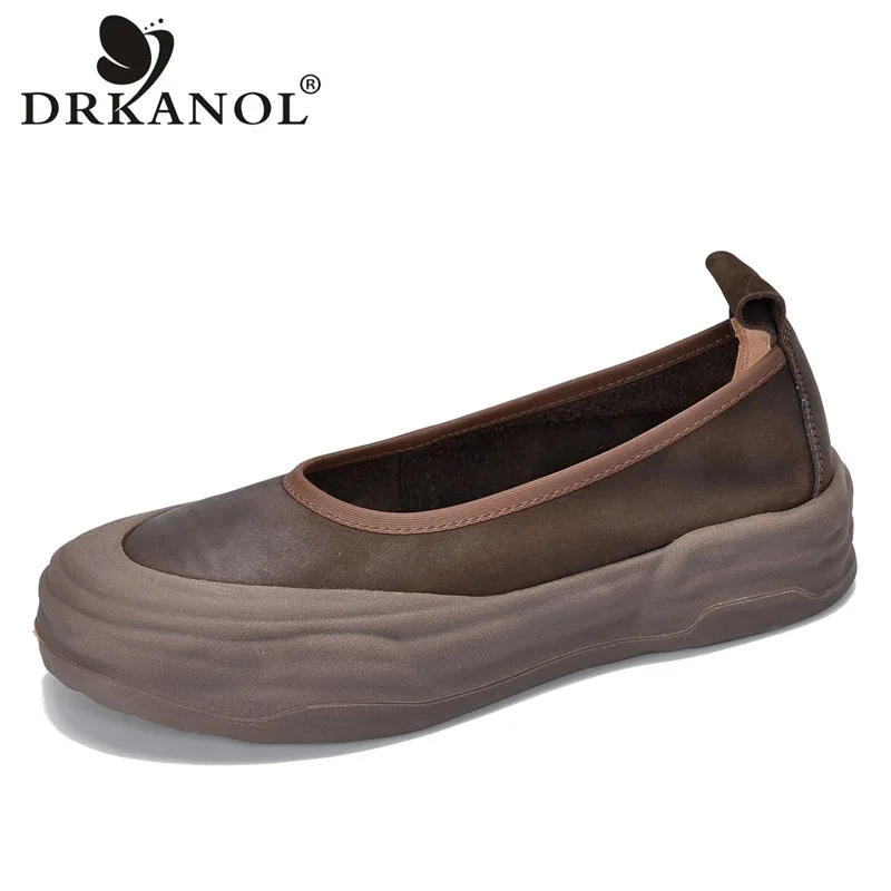 

DRKANOL New Design Literary Style Women Flat Platform Shoes Slip-On Loafers Genuine Cow Leather Shallow Handmade Retro Shoes