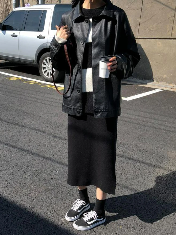 Winter Black Leather Jacket Women 2022 Autumn Korean Loose Thin Moto Jacket Female Fashion Streetwear Lady Outerwear Biker Coats