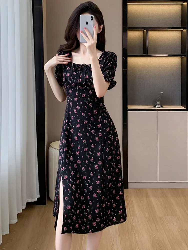 French Socialite Square Collar Floral Dress Women's Summer New Arrival Silm Sweet Elegance Split Knee-Length Mid-Length Skirt