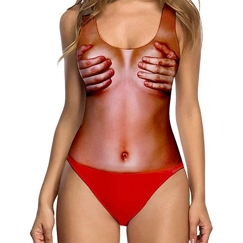 

Europe And The United States Women Sexy Summer See-Through Triangle One-Piece Swimsuit Beach Funny Print Large Size Swimsuit