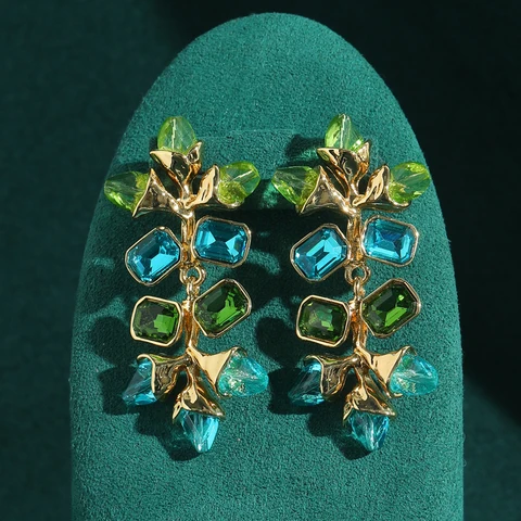 Винтажные большие серьги с сине-зелеными кристаллами для женщин, аксессуары, качество листьев, роскошные дизайнерские вечерние украшения, богемия, новинка 2023 года