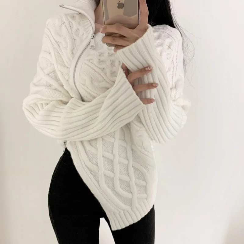 

Асимметричный кардиган корейский шикарный осенне-зимний модный с высоким воротником Конопляный узор с боковой молнией с длинными рукавами...