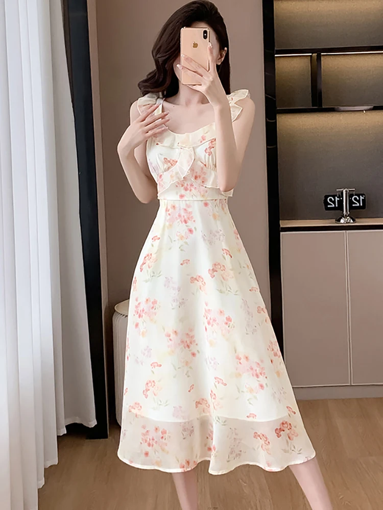 Женское шифоновое длинное платье с цветочным принтом и рюшами в пляжном стиле