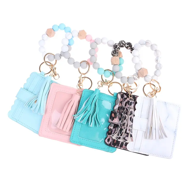 

Wristlet Silicone Beaded Bracelet Keychain Wallet Wrist Pom Poms Car Key Rings With Tassel Bangle Card Holder For Women And Men