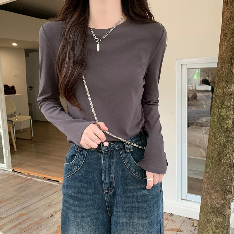 Однотонные базовые облегающие футболки с круглым вырезом и длинным рукавом