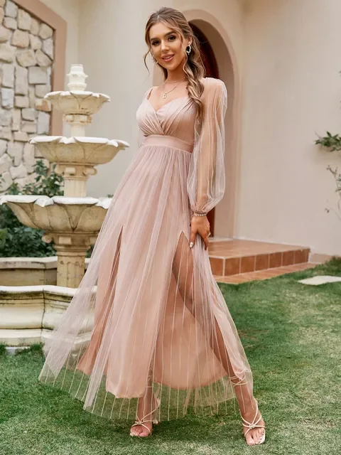 

New in 2022 Elegant v-neck see through tulle party dress women Lantern sleeves high waist pink dresses Sexy split mesh long vest