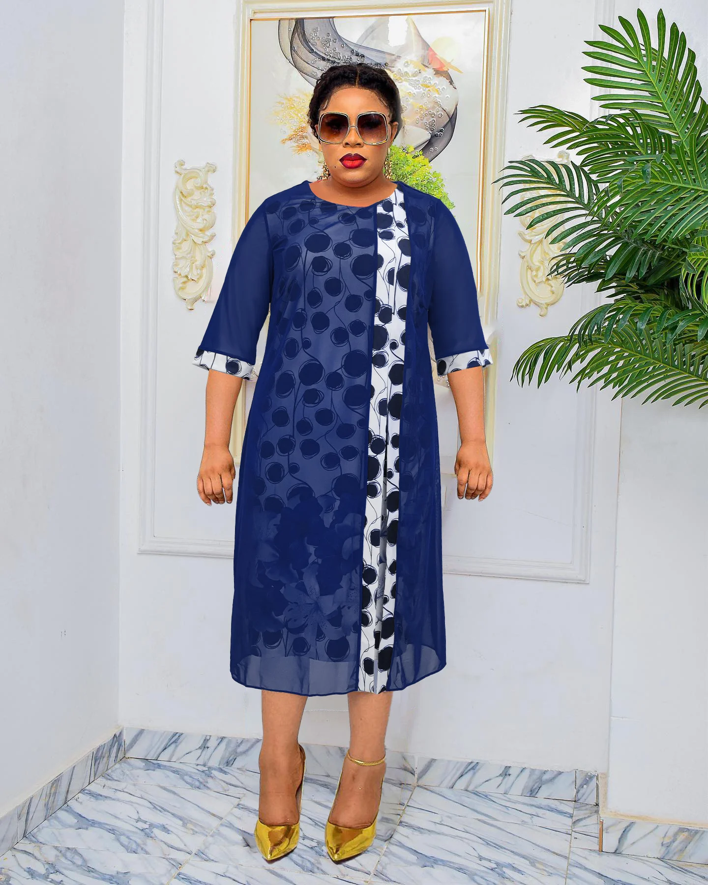 Plus Size Dresses 2023 Place Make Two Piece Patchwork Printed Large Dress Round Neck Lady Elegant Casual Female Clothes