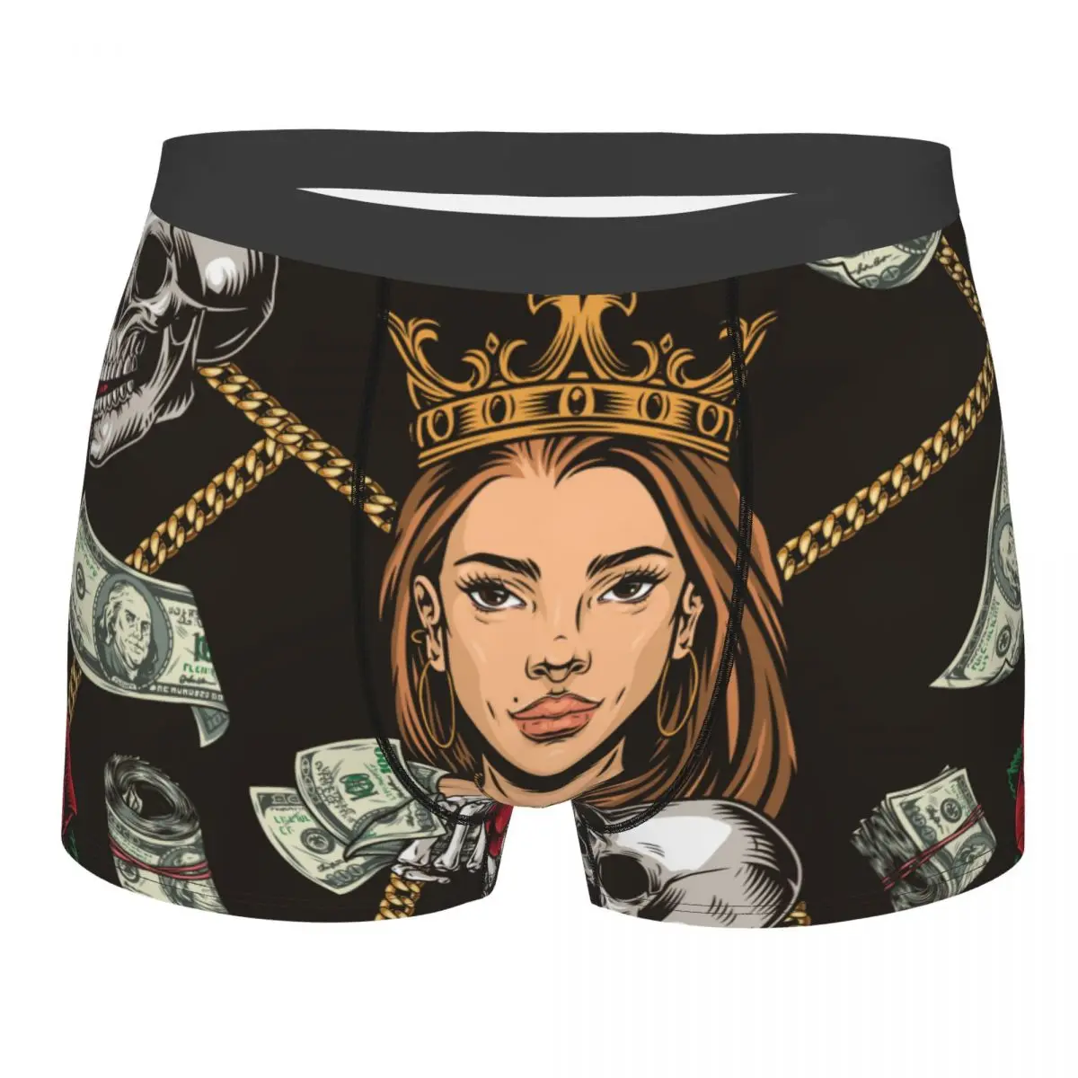 

Mens Boxer Sexy Underwear Girl In Gold Crown Skulls Hand Holding US Dollar Underpants Male Panties Pouch Short Pants Sexy Boxing