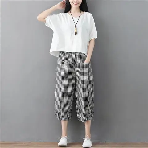 

Women 2022 Summer Fashion Cotton Linen 2 Piece Suits Female Short-sleeved Loose Tops Ladies Casual Plaid Harem Pants Sets U102