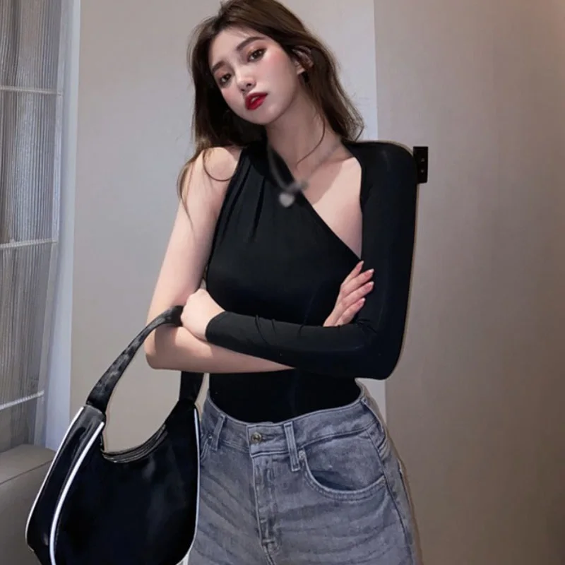 

T-shirt Hot Girl Sexy Hollow Out Backless One Sleeve Bottomed Tops Solid Color Skinny Asymmetrical Tops