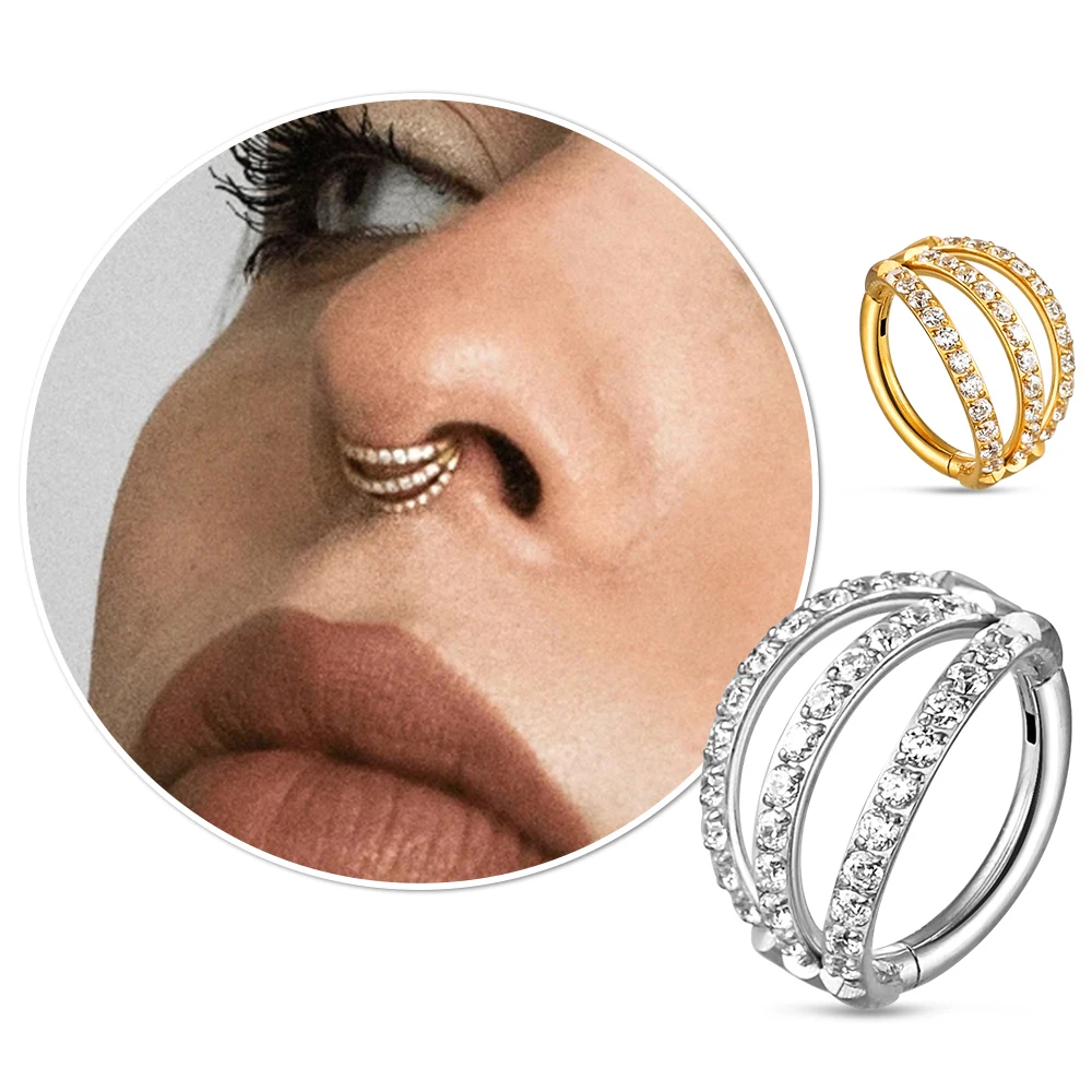 Женское и мужское кольцо для носа Giga с тройным обручем 16 г фианитами бриллиант 316L