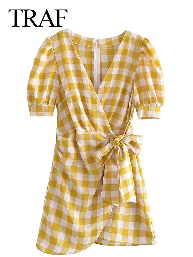 

TRAF Casual Daily Loose Comfortable Plaid Print Ladies Dress Cross V-Neck Puff Sleeves Waist Bow Decoration Women's Dress