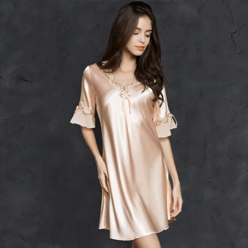 Women Satin Silk Sleep Dress Solid Color Short Sleeve V-Neck Swing Mini Dress Pajamas