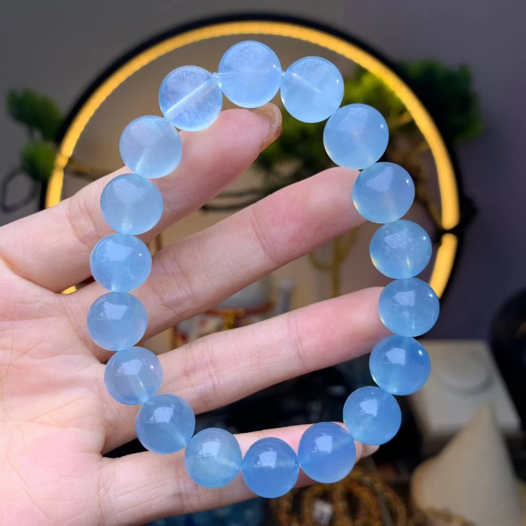 

Браслет с аквамарином для мужчин и женщин, натуральные голубые и белые прозрачные круглые бусины, бижутерия 11 мм, модный подарок, Аквамарин со льдом, радугой, AAAAAAA