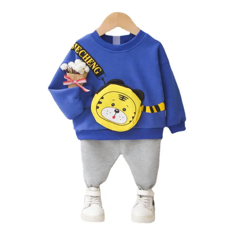 

2022 Spring New Children's Cartoon Tiger Bag Round Neck Sweater Suit Boy Ggirl Baby Casual 2 Piece Spring Clothes