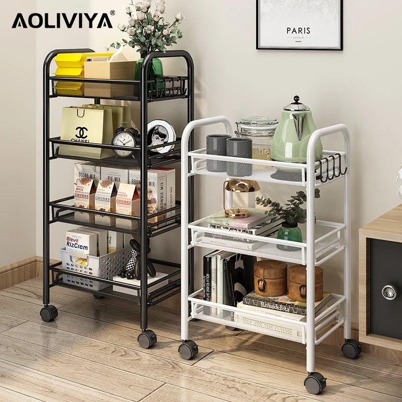 

AOLIVIYA Living Room Trolley Rack Snack Storage Bathroom Floor Multi-layer Storage Rack Kitchen Mobile Vegetable Basket