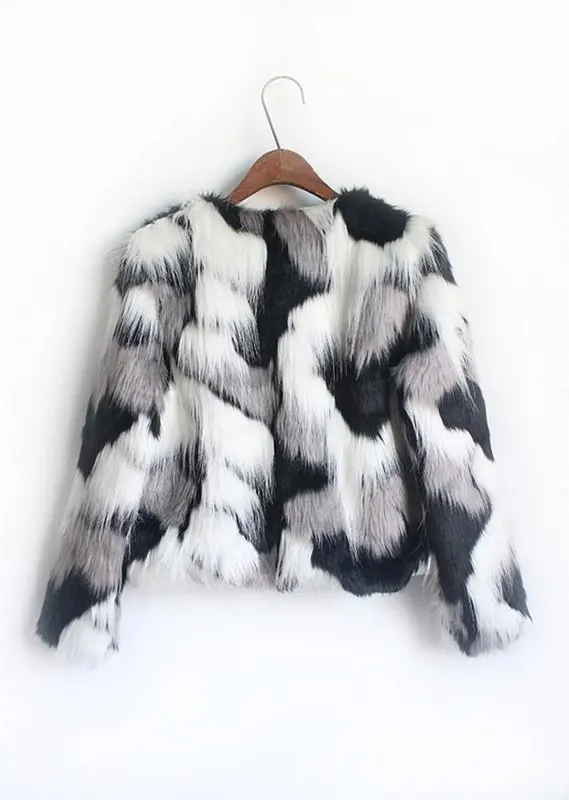 Women's Fur Jacket Winter Imitation Fur Coat Loose O-neck Short Mixed Color Coat Faux Fur Coat