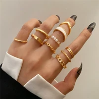 wukalo punk vintage metal geometric joint ring set for women punk gold color chain twisted circle pearl finger ring jewelry gift