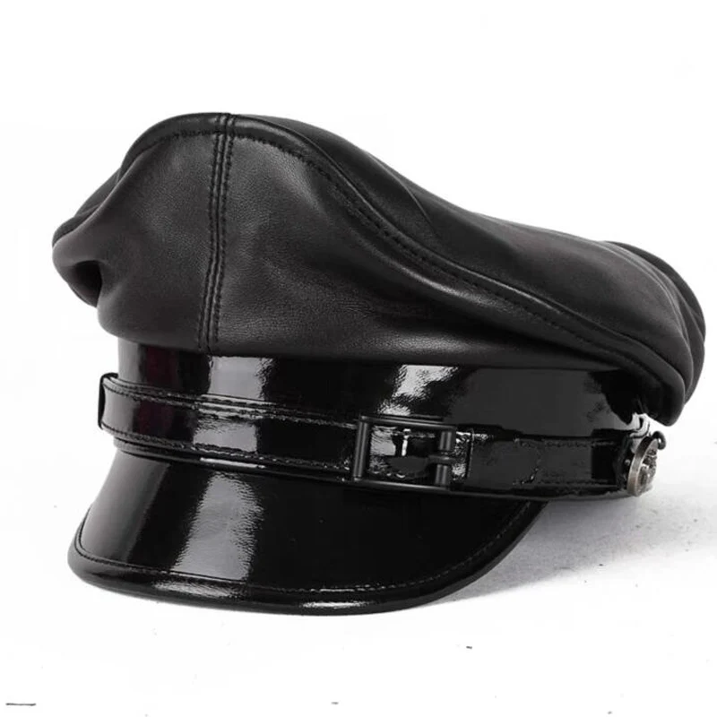 Deluxy Patent Leather Hat For Men European American Black Cadet Hat German Motorcycle Flat Top Captain Caps With Windbreak Belt