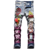 mens spring and autumn new street youth hip hop rock retro blue hole print printing and dyeing elastic skinny jeans