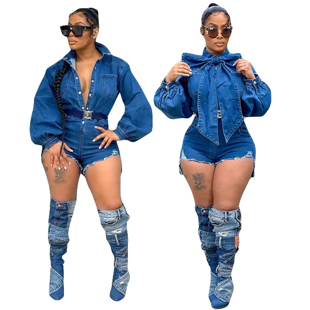 

S-3XL Elegant Lantern Sleeve One Piece Summer Outfits Denim Sexy Short Jumpsuit Women Single-breasted Wolesale Dropshipping