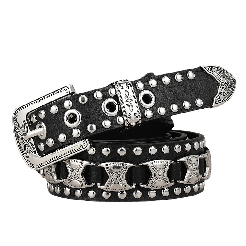 MYMC Studded PU Leather Belt Punk Waistbands with Square Buckle Cool Fashion Decoration Luxury Metal Strap for Jeans Men