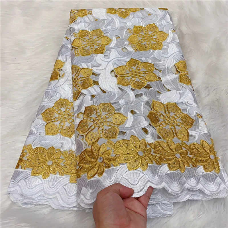 

5 Yard Swiss Lace Fabric Latest Heavy Beaded Embroidery African 100% Cotton Fabrics Swiss Voile Lace Popular Dubai Style YL06236