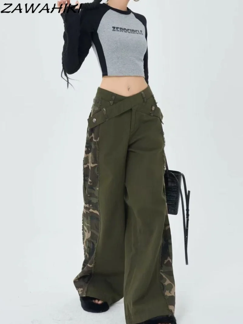 

Мешковатые брюки Y2K, камуфляжные брюки в стиле пэчворк с несколькими карманами, осенние свободные брюки в стиле хип-хоп с эластичным поясом